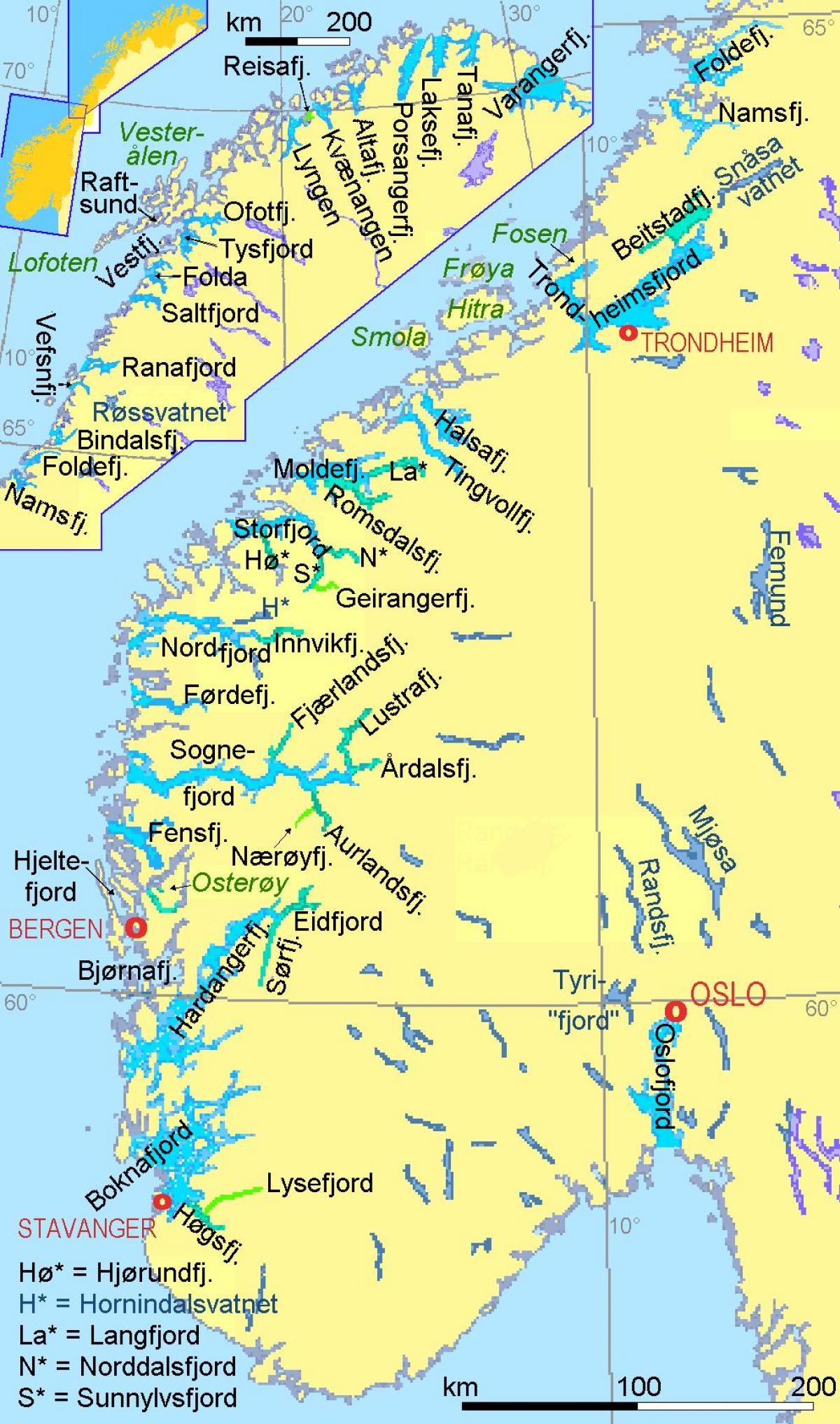 térkép Norvégia mutatja fjordok